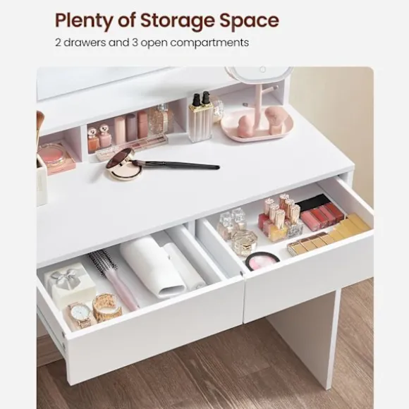Rootz White Toiletbord med spejl - Sminkebord - Makeupbord - Spånpladekonstruktion - 2 skuffer - 3 rum - Hævet hylde - Pærer - Nem makeup-rutine - Bør | Fyndiq