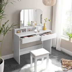 Rootz White Toiletbord med sammenklappeligt spejl - Makeup Vanity - Beauty Station - Spånplade med melaminbelægning - 100cm x 40cm x 142cm