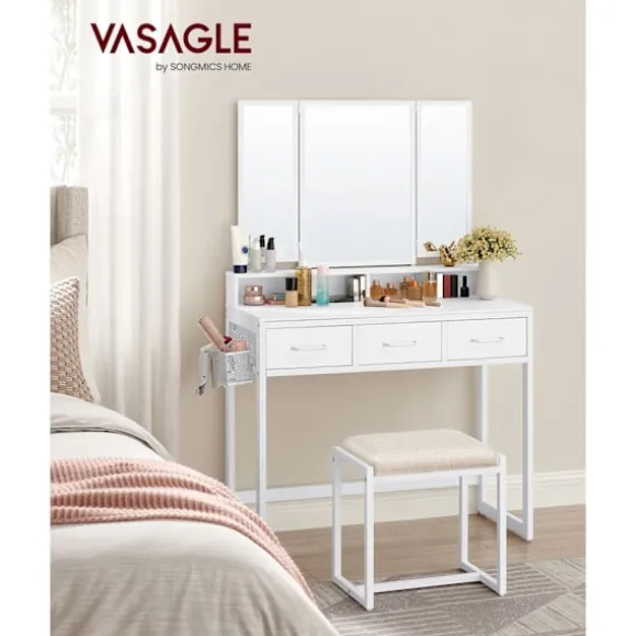 Rootz White Toiletbordsæt - Sminkebord - Makeupbord - Spånplade stålglas - Kunstlæderskumgummi - 40 cm x 90 cm x 141 cm - 28,6 cm x 42 cm x 42,5 cm - | Fyndiq