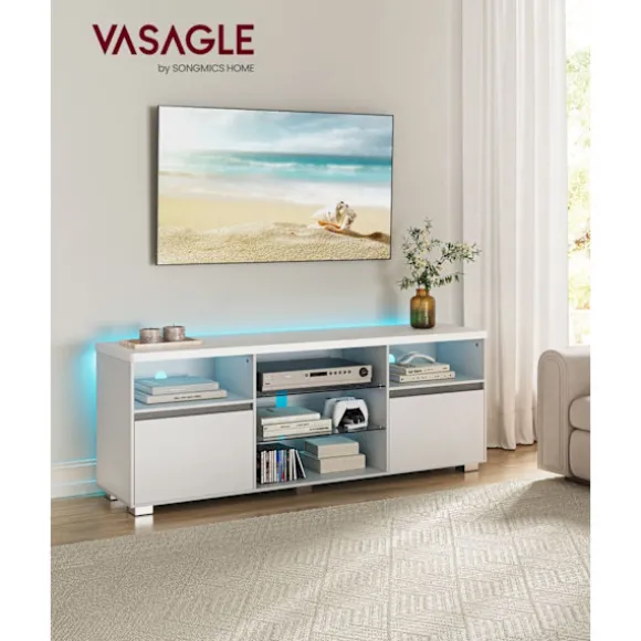 Rootz White TV Stand - Underholdningscenter - Mediekonsol - Spånplade - Hærdet glas - 40 cm x 160 cm x 60 cm - 37,2 kg - 40 kg Max bordpladebelastning | Fyndiq