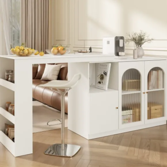 Roterende barbord 360°, 120x40x97 cm med glaslåge, multifunktionelt opbevaringsskab, hvid White