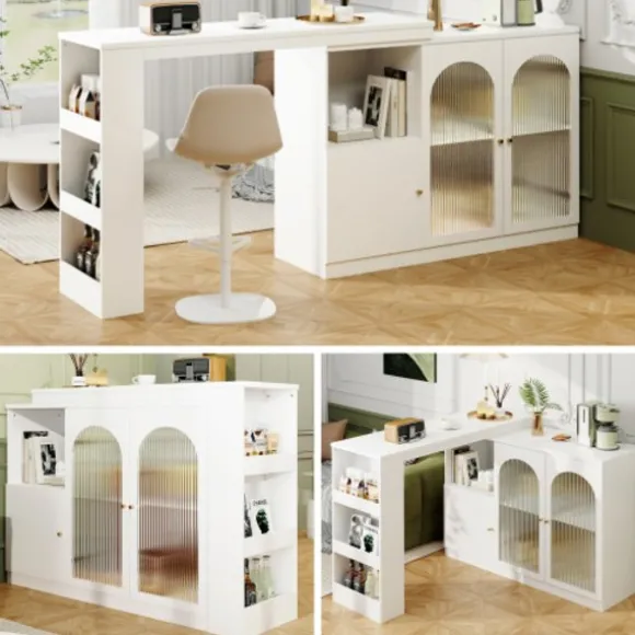Roterende barbord 360°, 120x40x97 cm med glaslåge, multifunktionelt opbevaringsskab, hvid White