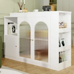 Roterende barbord 360°, 120x40x97 cm med glaslåge, multifunktionelt opbevaringsskab, hvid White