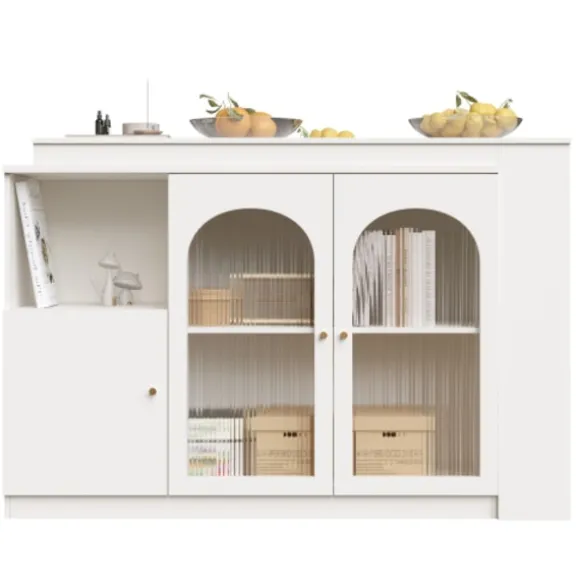 Roterende barbord 360°, 120x40x97 cm med glaslåge, multifunktionelt opbevaringsskab, hvid White