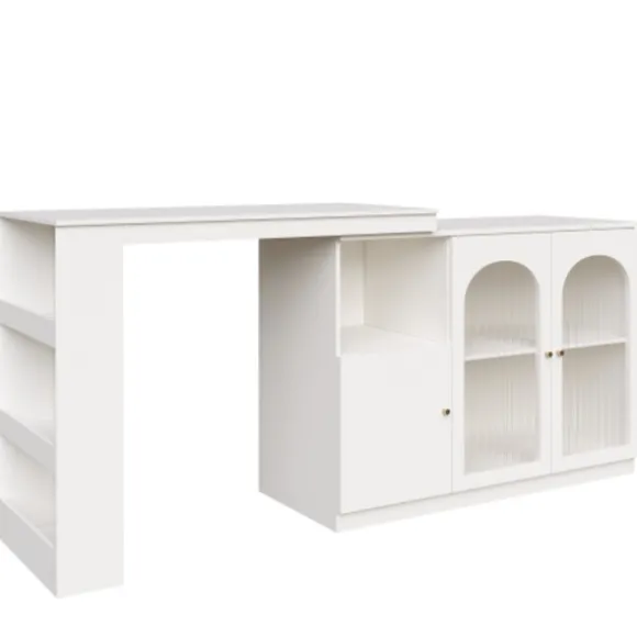 Roterende barbord 360°, 120x40x97 cm med glaslåge, multifunktionelt opbevaringsskab, hvid White