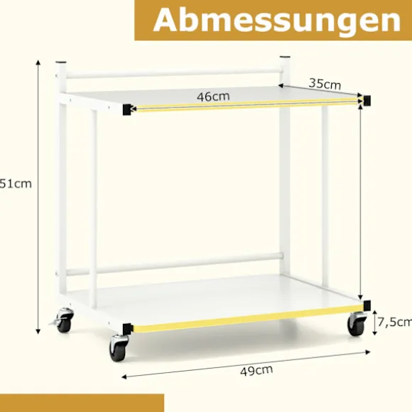 Rullende sidebord med 2 hylder, C-formet, hvid