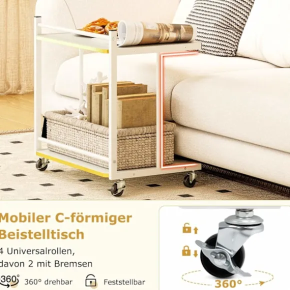 Rullende sidebord med 2 hylder, C-formet, hvid
