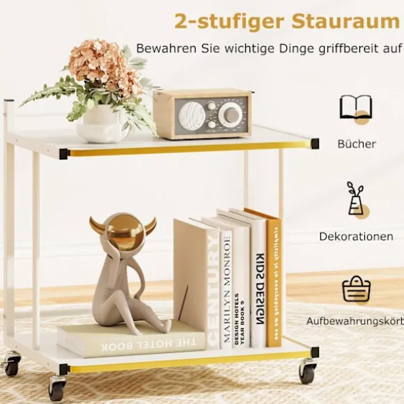 Rullende sidebord med 2 hylder, C-formet, hvid