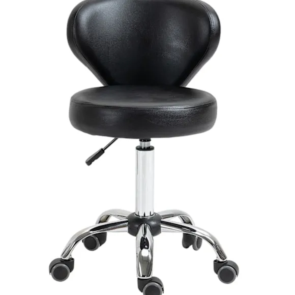 Rullende skammel massagestol - roterende arbejdsskammel 360° - højdejusterbart sæde 49-64H cm, ergonomisk ryglæn - forkromet metal i betræk af sort ku | Fyndiq