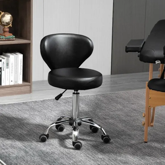 Rullende skammel massagestol - roterende arbejdsskammel 360° - højdejusterbart sæde 49-64H cm, ergonomisk ryglæn - forkromet metal i betræk af sort ku | Fyndiq