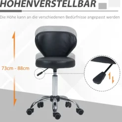 Rullende skammel massagestol - roterende arbejdsskammel 360° - højdejusterbart sæde 49-64H cm, ergonomisk ryglæn - forkromet metal i betræk af sort ku | Fyndiq