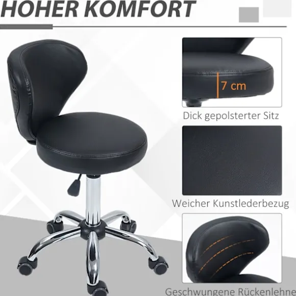 Rullende skammel massagestol - roterende arbejdsskammel 360° - højdejusterbart sæde 49-64H cm, ergonomisk ryglæn - forkromet metal i betræk af sort ku | Fyndiq
