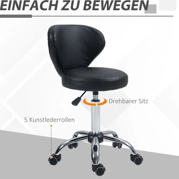 Rullende skammel massagestol - roterende arbejdsskammel 360° - højdejusterbart sæde 49-64H cm, ergonomisk ryglæn - forkromet metal i betræk af sort ku | Fyndiq