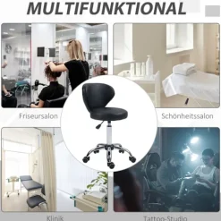 Rullende skammel massagestol - roterende arbejdsskammel 360° - højdejusterbart sæde 49-64H cm, ergonomisk ryglæn - forkromet metal i betræk af sort ku | Fyndiq