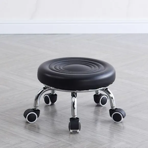 Rullesæde Læder Lav Rund Rullende Skammel med Hjul Hjemmekontor Garage Værksted Fitness Sport, 24cm (Sort)