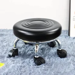 Rullesæde Læder Lav Rund Rullende Skammel med Hjul Hjemmekontor Garage Værksted Fitness Sport, 24cm (Sort)