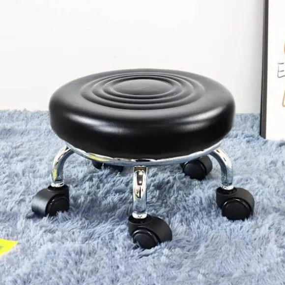 Rullesæde Læder Lav Rund Rullende Skammel med Hjul Hjemmekontor Garage Værksted Fitness Sport, 24cm (Sort)