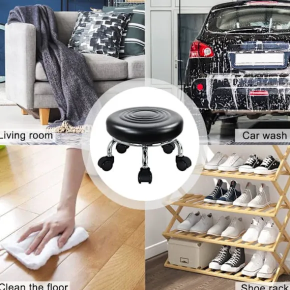 Rullesæde Læder Lav Rund Rullende Skammel med Hjul Hjemmekontor Garage Værksted Fitness Sport, 24cm (Sort)