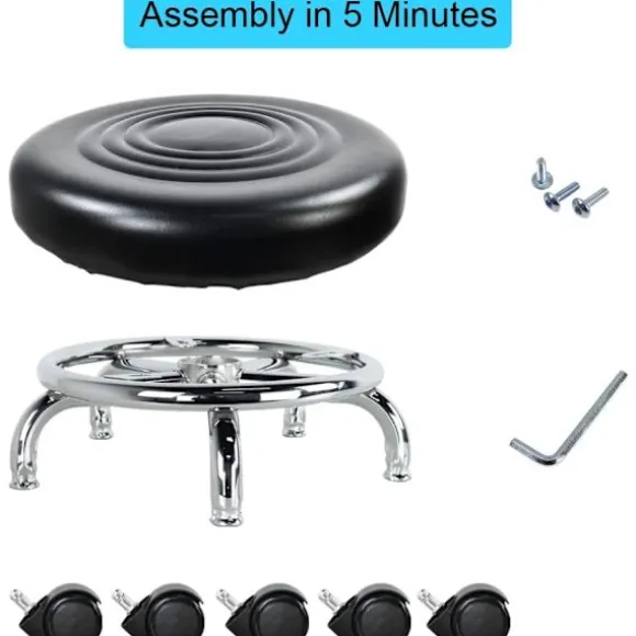 Rullesæde Læder Lav Rund Rullende Skammel med Hjul Hjemmekontor Garage Værksted Fitness Sport, 24cm (Sort)