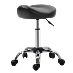 Rulleskammel, højdejusterbar arbejdsskammel med hjul, roterende salontaburet til massage, kunstlæder, sort, 48 x 48 x 54-69 cm