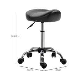 Rulleskammel, højdejusterbar arbejdsskammel med hjul, roterende salontaburet til massage, kunstlæder, sort, 48 x 48 x 54-69 cm