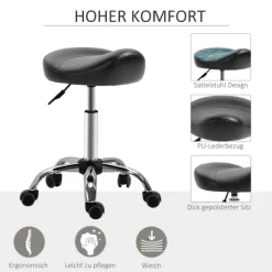 Rulleskammel, højdejusterbar arbejdsskammel med hjul, roterende salontaburet til massage, kunstlæder, sort, 48 x 48 x 54-69 cm