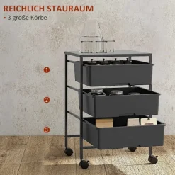 Rullevogn Serveringsvogn med 3 etagers håndtag Opbevaringsvogn til køkken Stue 40,8 x 33,5 x 60,5 cm Sort