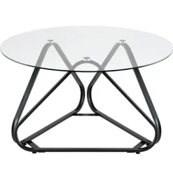 Rund Lavbord 80 cm COSTWAY, Plade i Hærdet Glas, Metalben i V-form, Justerbare Fødder, Sort Sofabord Sort