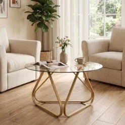 Rund Lavbord 80cm COSTWAY, Plade i Hærdet Glas, Metalben i V-form, Justerbare Fødder, Stue- og Kontorbord i Guld Eller