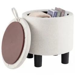 Rund linnedpuf med opbevaring, beige, Ø38 cm