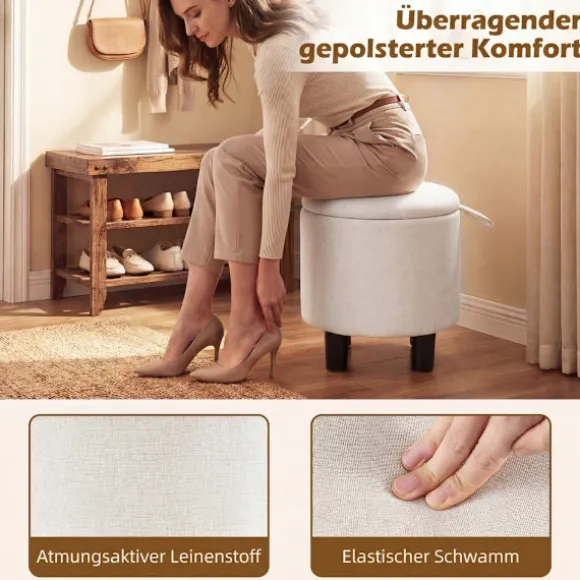 Rund linnedpuf med opbevaring, beige, Ø38 cm