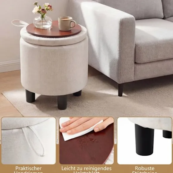 Rund linnedpuf med opbevaring, beige, Ø38 cm