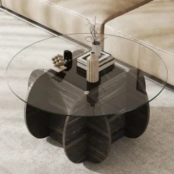 Rund Salontabel 89 cm COSTWAY, Overflade af hærdet glas, Base i massivt træ, Skjult opbevaringsrum, Maksimal belastning 100 kg Mörk rustik ek