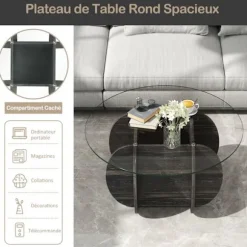 Rund Salontabel 89 cm COSTWAY, Overflade af hærdet glas, Base i massivt træ, Skjult opbevaringsrum, Maksimal belastning 100 kg Mörk rustik ek