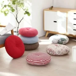 Rund siddepude, bomuldslinned tatami pude, tykke bløde stolepuder til kontorstolepuder, rødhvid, 45 cm (18 tommer)