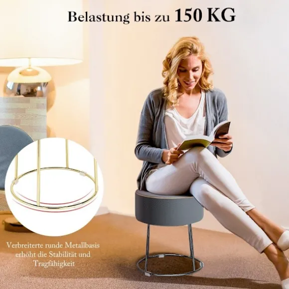 Rund skammel fodskammel lavet af fløjl med metalben, polstret forbindingsskammel, kan holde op til 150 kg, grå