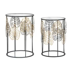 Runde glasborde, sort metal, bladgulddesign