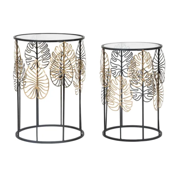Runde glasborde, sort metal, bladgulddesign