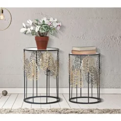 Runde glasborde, sort metal, bladgulddesign