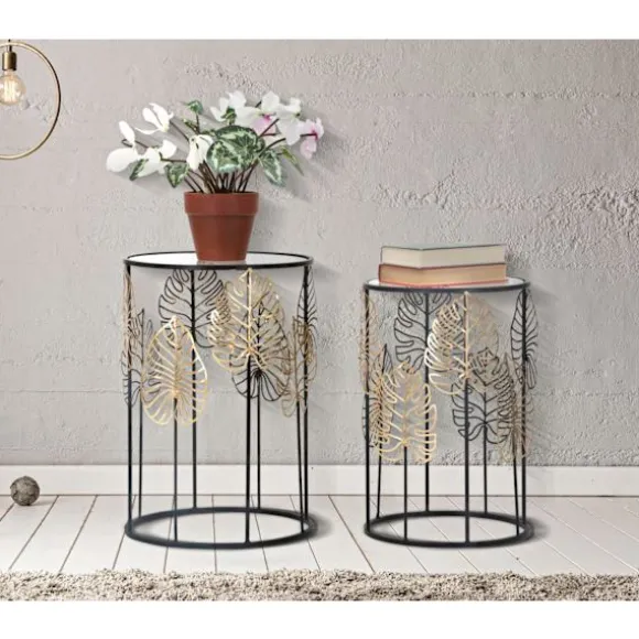 Runde glasborde, sort metal, bladgulddesign