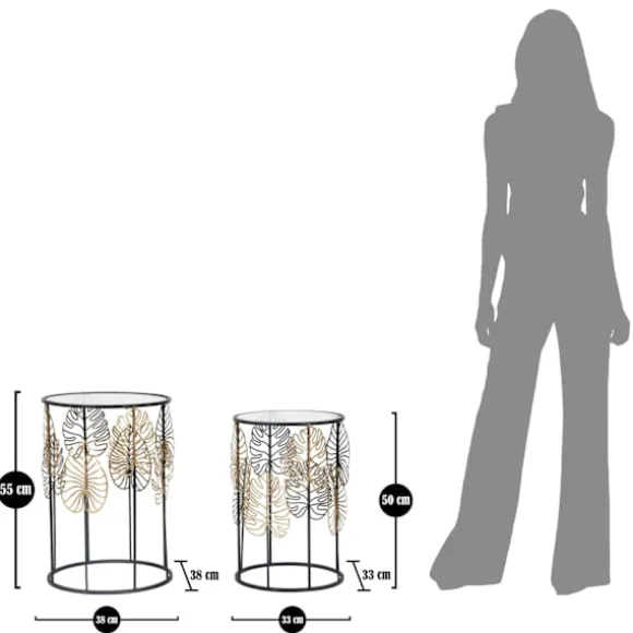 Runde glasborde, sort metal, bladgulddesign