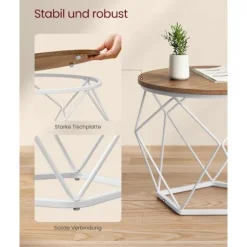 Runde Sofaborde, 2 Sideborde, Aftagelig Bordplade, Stålramme, Honningbrun og Skyhvid