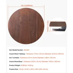 Rundt Drejebord - DUOKU - 610 mm - Akacietræ - 360° Rotationsservice - Midterbord