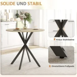 Rundt køkkenbord, 80 cm, kompakt bordplade, spånplade, metal, hvid eg+sort