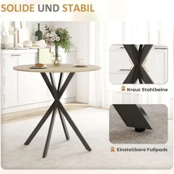 Rundt køkkenbord, 80 cm, kompakt bordplade, spånplade, metal, hvid eg+sort