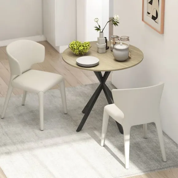 Rundt køkkenbord, 80 cm, kompakt bordplade, spånplade, metal, hvid eg+sort