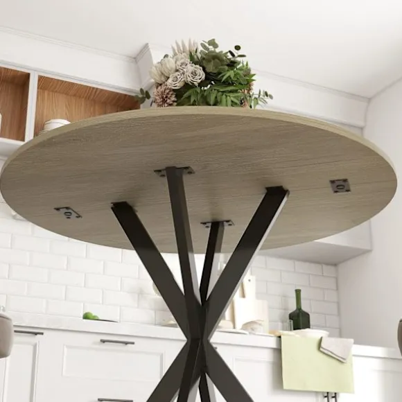 Rundt køkkenbord, 80 cm, kompakt bordplade, spånplade, metal, hvid eg+sort