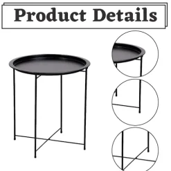 Rundt metal sidebord, indendørs eller udendørs brug, sammenklappeligt terrassebord med aftagelig bakke, let, men robust konstruktion, slidstærk