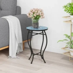 Rundt Mosaik Sidebord – 35x55 cm, Blå/Sort