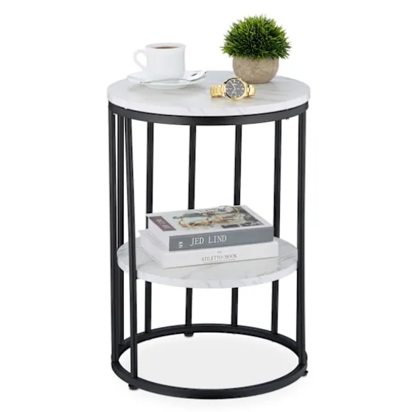 Rundt sidebord i marmorlook med 2 niveauer